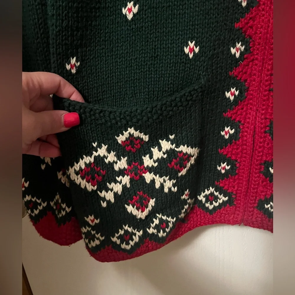 Vintage Talbots Hand Knit Holly Festive Green Red Women's Zip-Up Cardigan Med